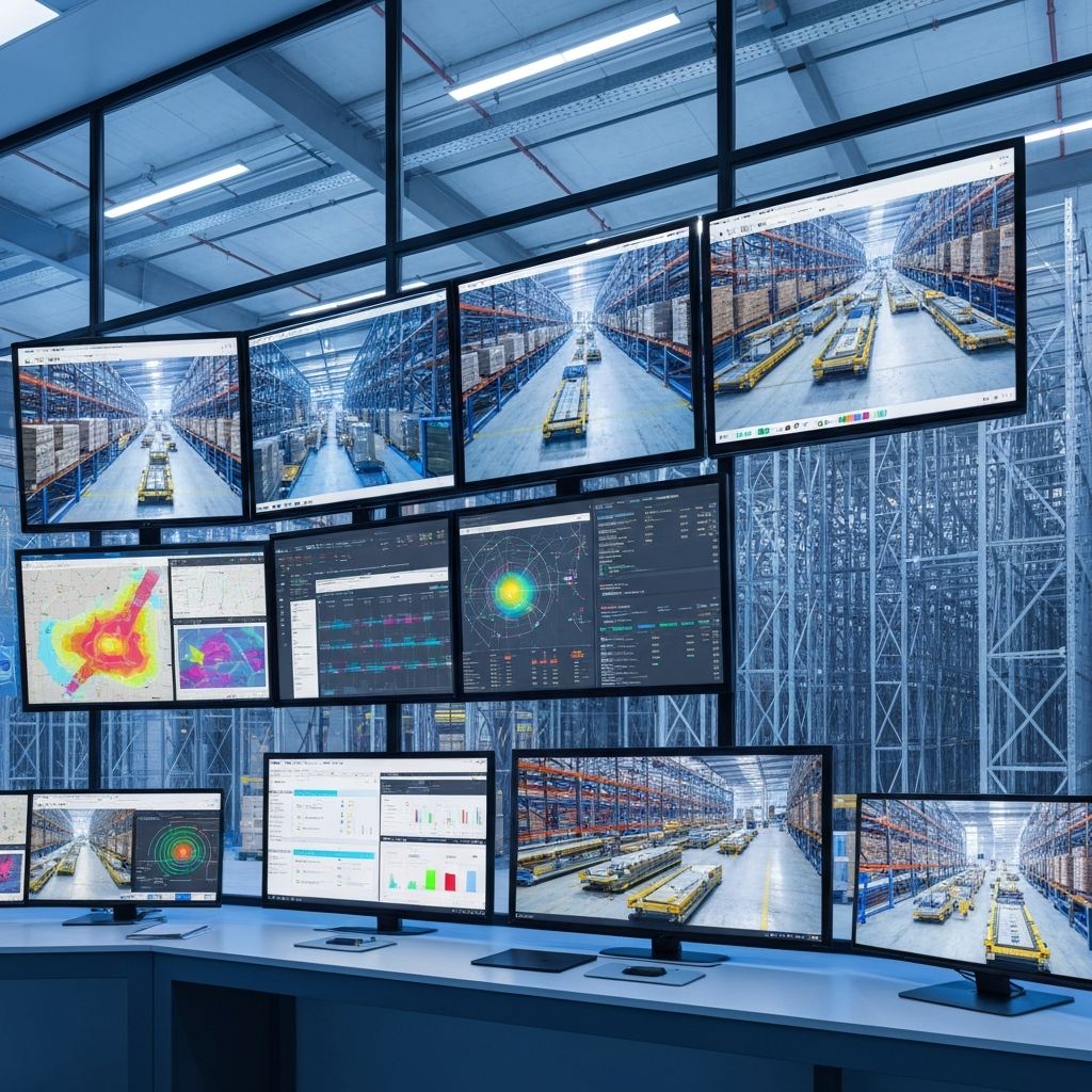 AI-powered warehouse control room with monitoring screens