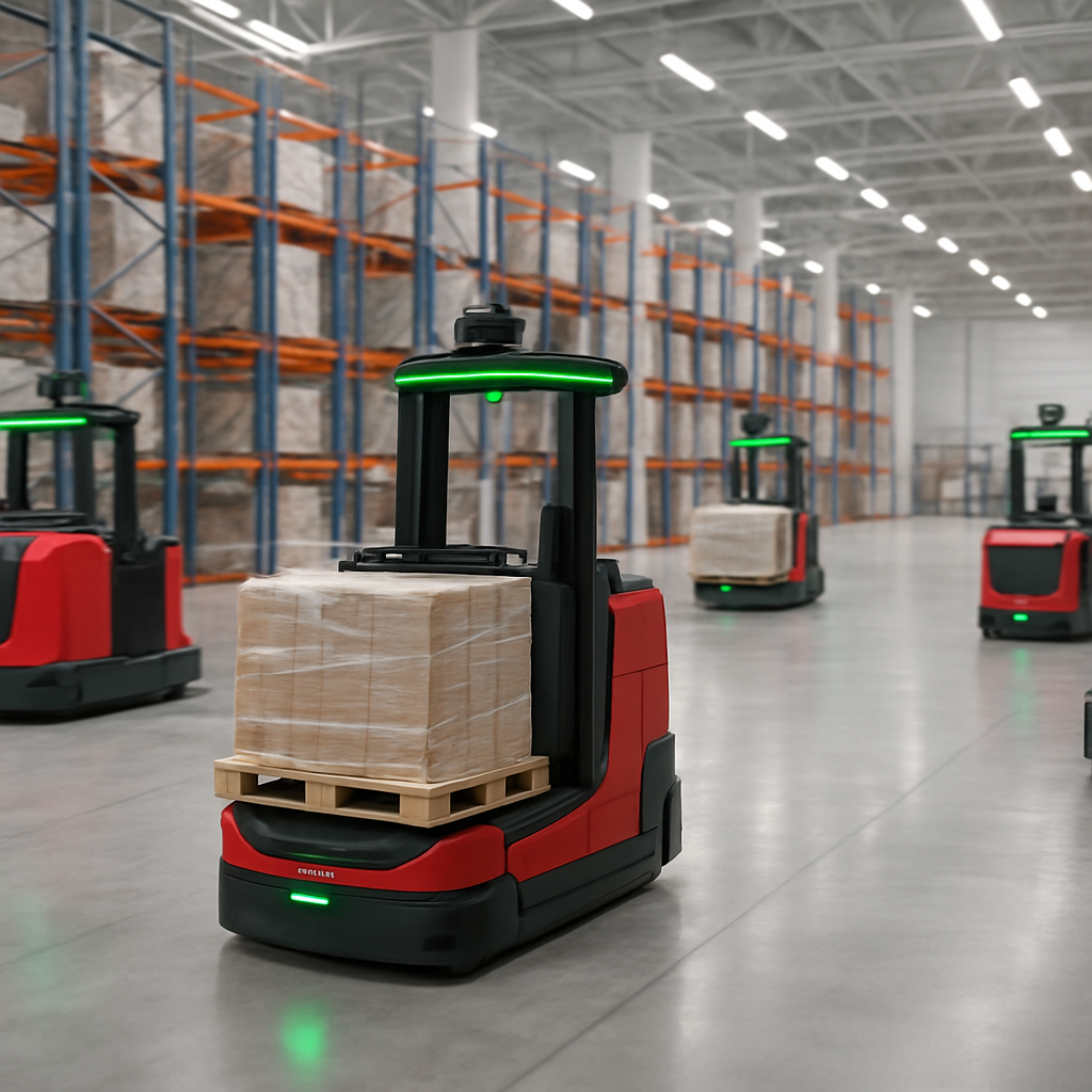 A fleet of FORK-iT autonomous forklift robots working in a warehouse