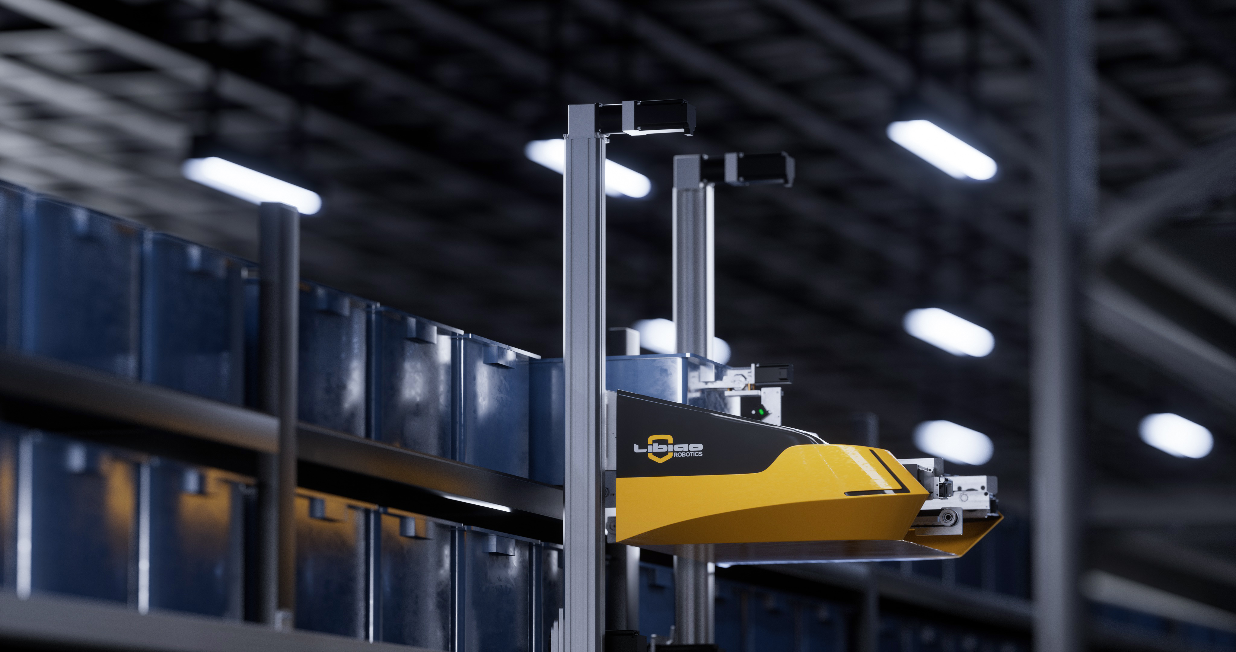 PiK-Pods tote handling robot climbing a high-density storage rack