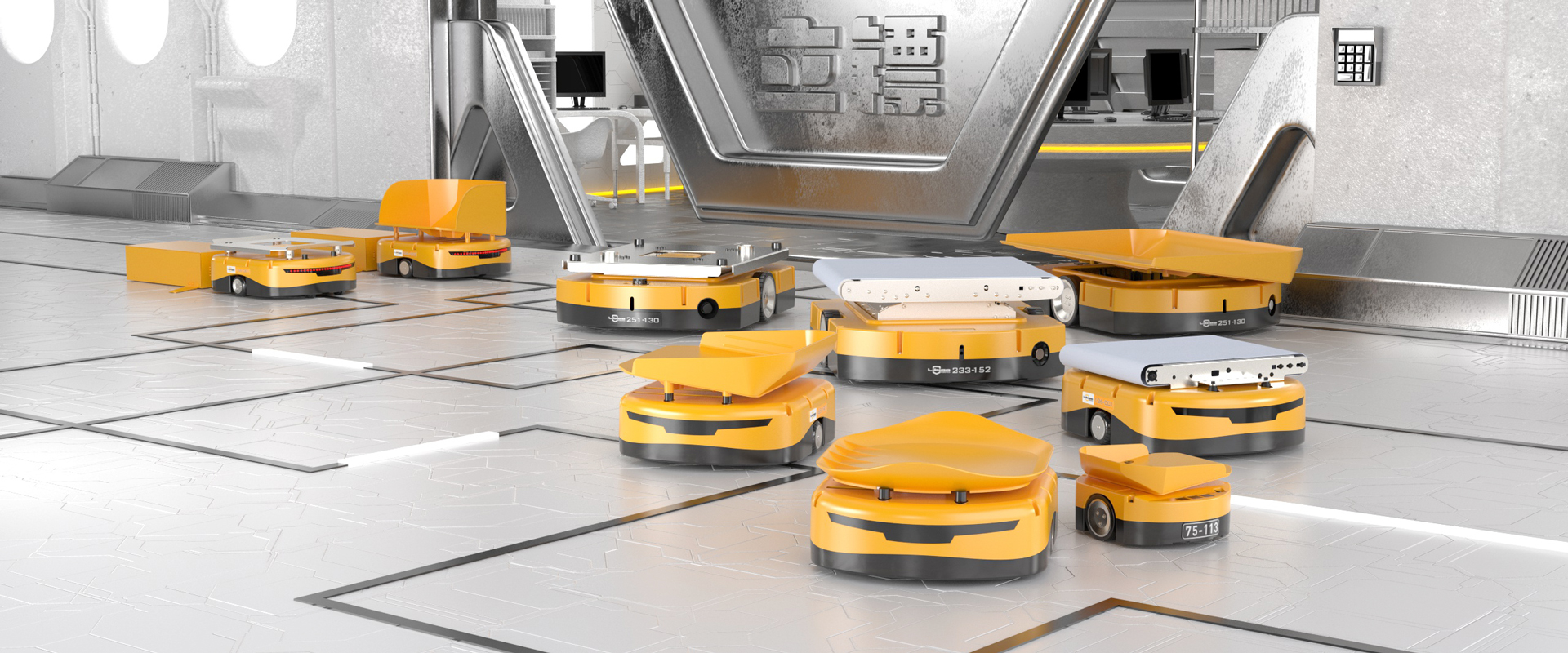Fleet of PiK-Pods autonomous sorting robots in a warehouse