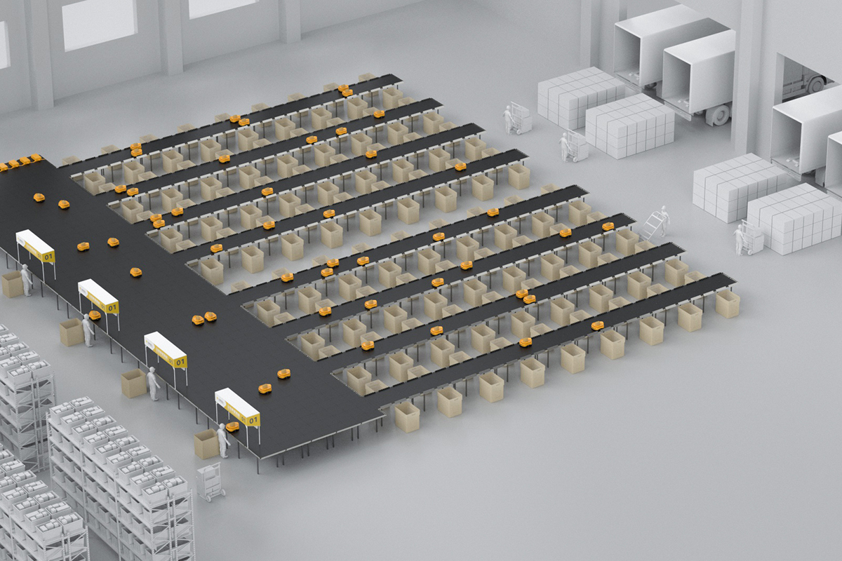 PiK-Pods large-scale parcel sorting system with hundreds of chutes
